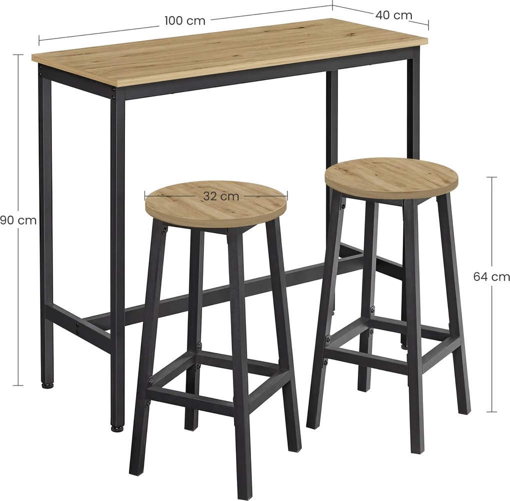 Zestaw barowy loft Faro 021 - stół 100x40 cm i 2 hokery, dąb artisan/czarny
