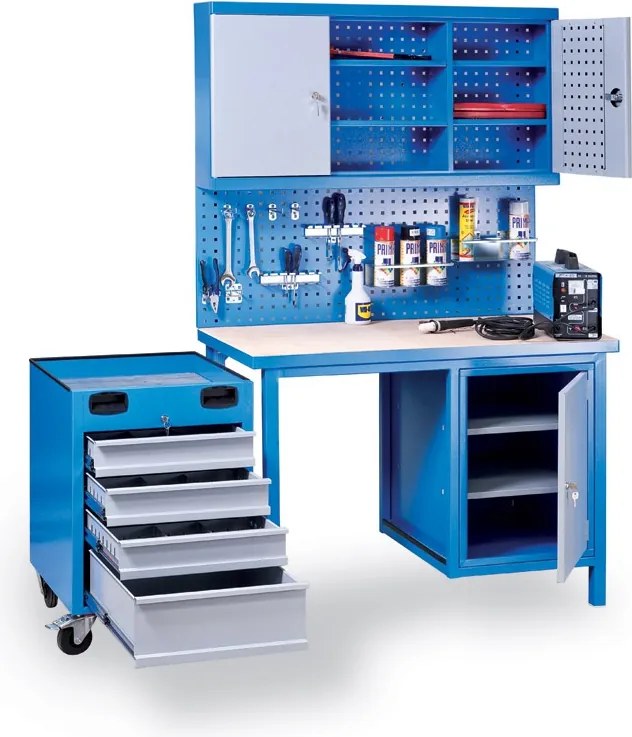 Stół warsztatowy GD z ruchomą skrzynką narzędziową, 4 szuflady, 1 szafka, 1190 x 600 x 850 mm, szary