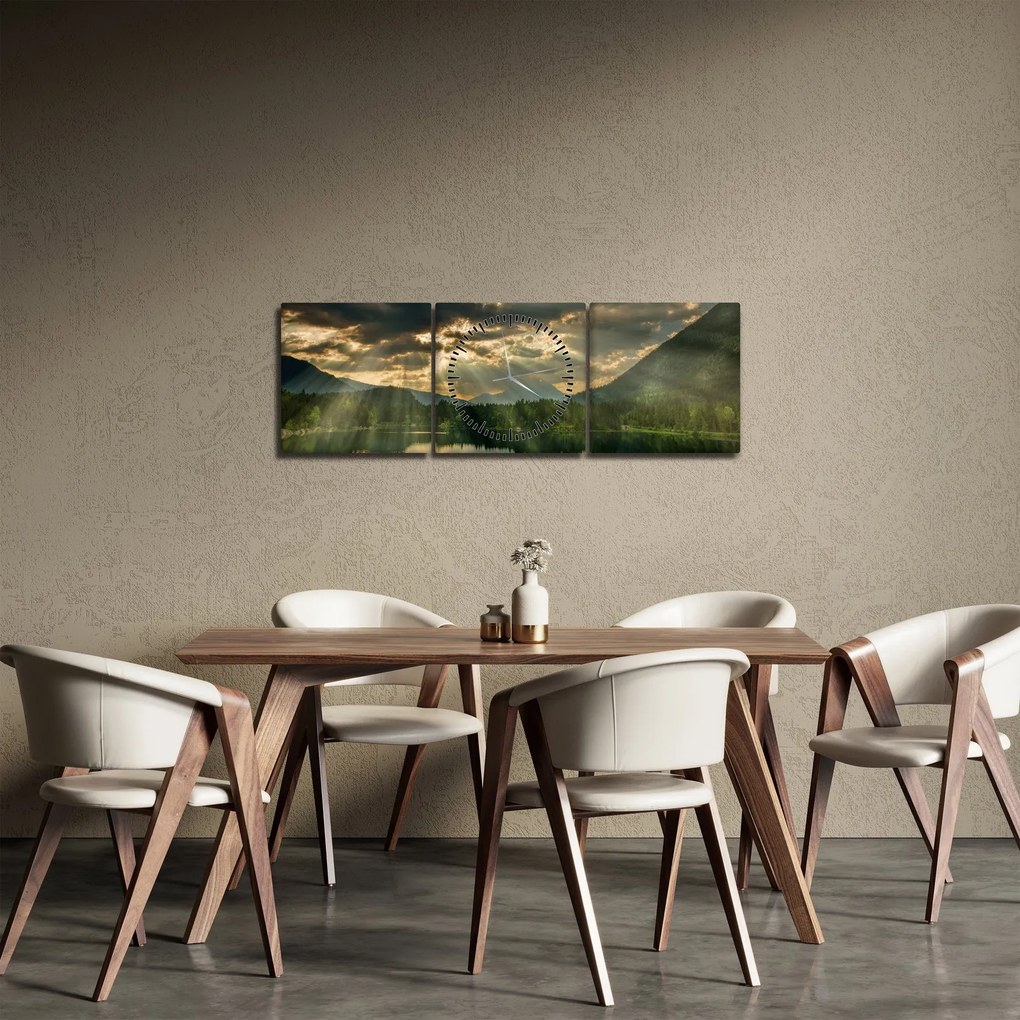 Obraz jeziora, przez które prześwieca słońce (z zegarem) (90x30 cm)
