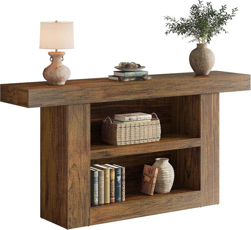 Stolik konsolowy ze schowkiem, 3-poziomowy stół wejściowy w stylu farmhouse z podstawą w kształcie litery U, 160 cm