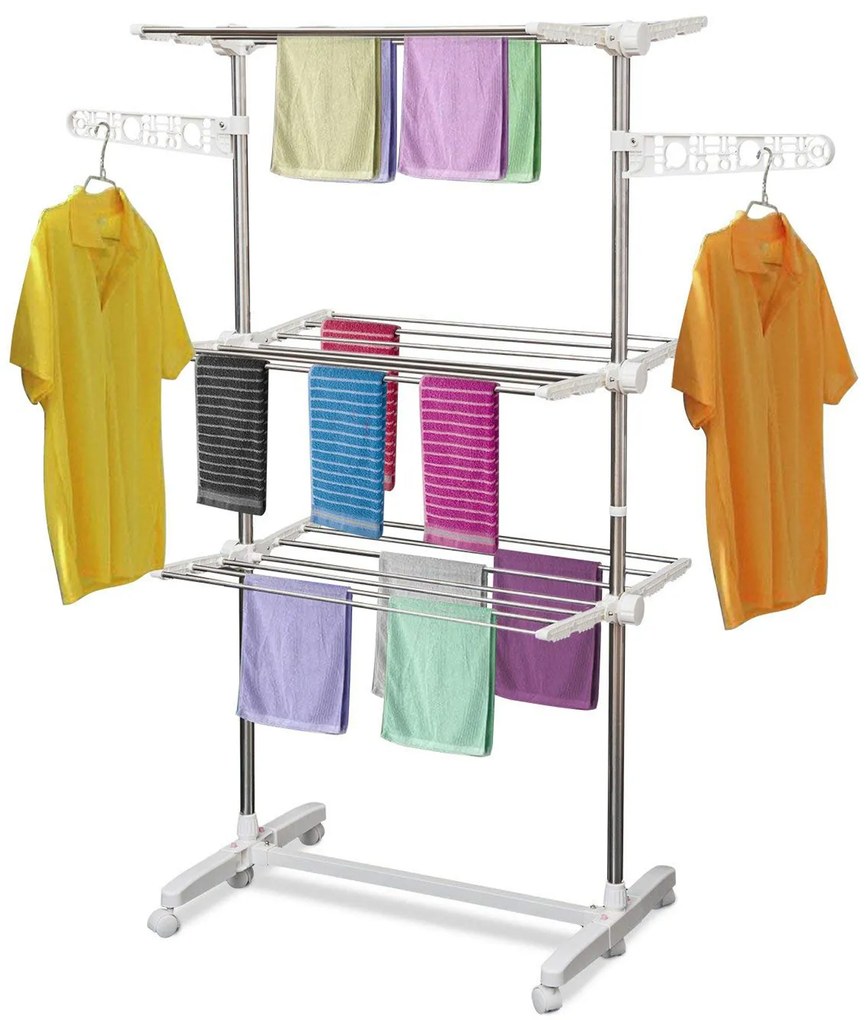 HOMCOM Suszarka na pranie składana z kółkami 3 poziomy regulowana wieszak na ubrania 80-142x55x152 cm | Aosom PL