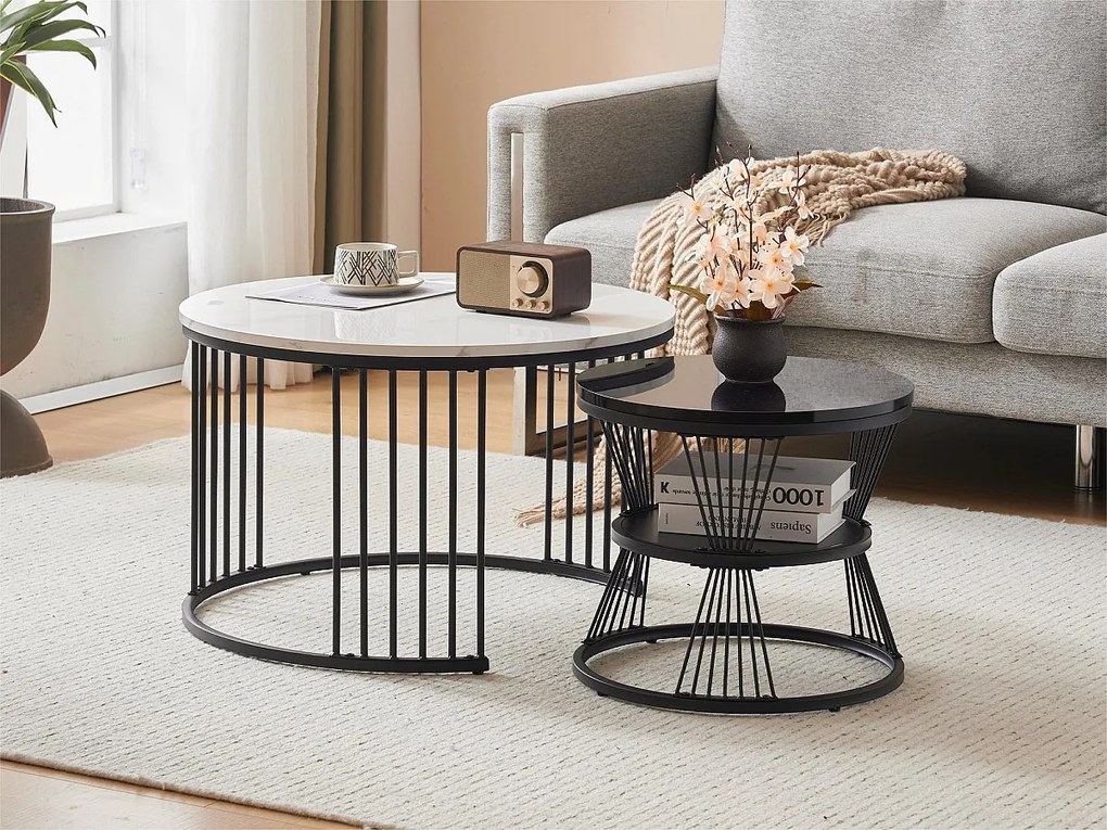 Zestaw 2 stolików kawowych - styl skandynawski - okleina w wzór marmuru - Czarny