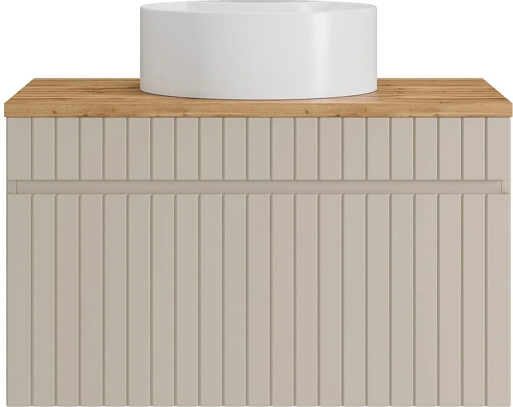 Wisząca szafka łazienkowa prążkowana beżowa z umywalką nablatową okrągłą – 80 cm – SATARA