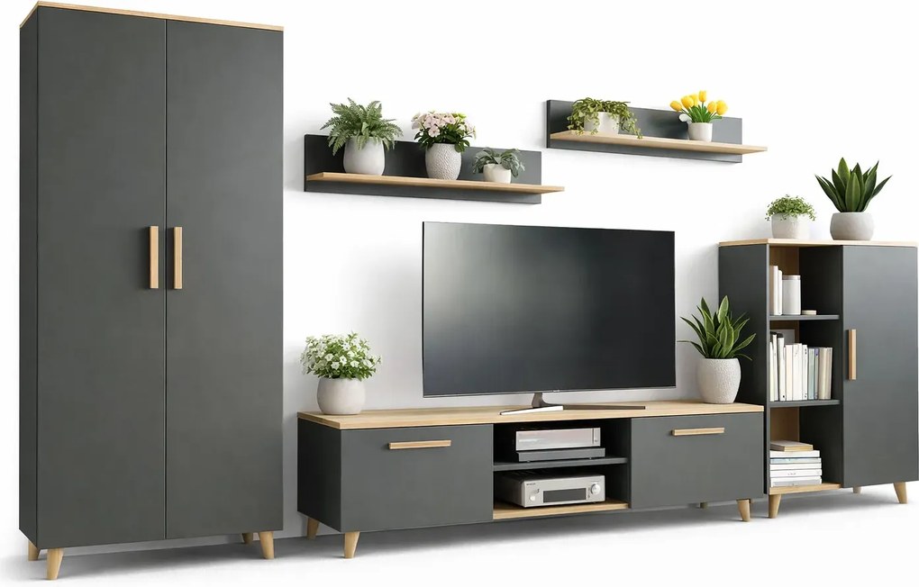 Komplet mebli do salonu z szafą antracyt + dąb artisan L2-G16