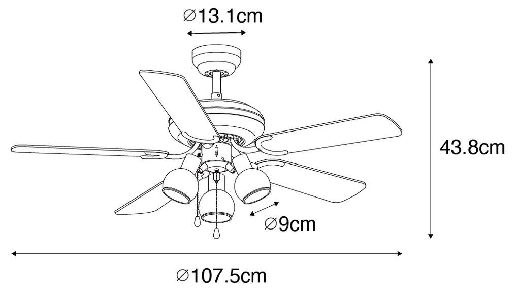 Czarny Wentylator sufitowy z lampą z drewnianym nadrukiem 107,5 cm 3-punktowy z przełącznikiem łańcuchowym - Mistral VidroPrzemysłowy Oswietlenie wewnetrzne
