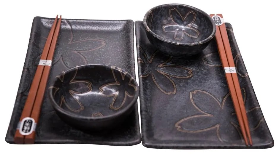 Czarny zestaw do serwowania sushi dla 2 osób MIJ Flower, 100 ml