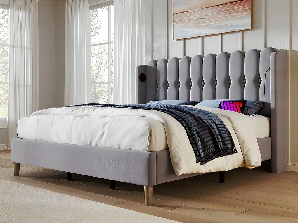Łóżko 160x200cm tapicerowane lnem - z portami ładowania i stelażem na listwy - Szare