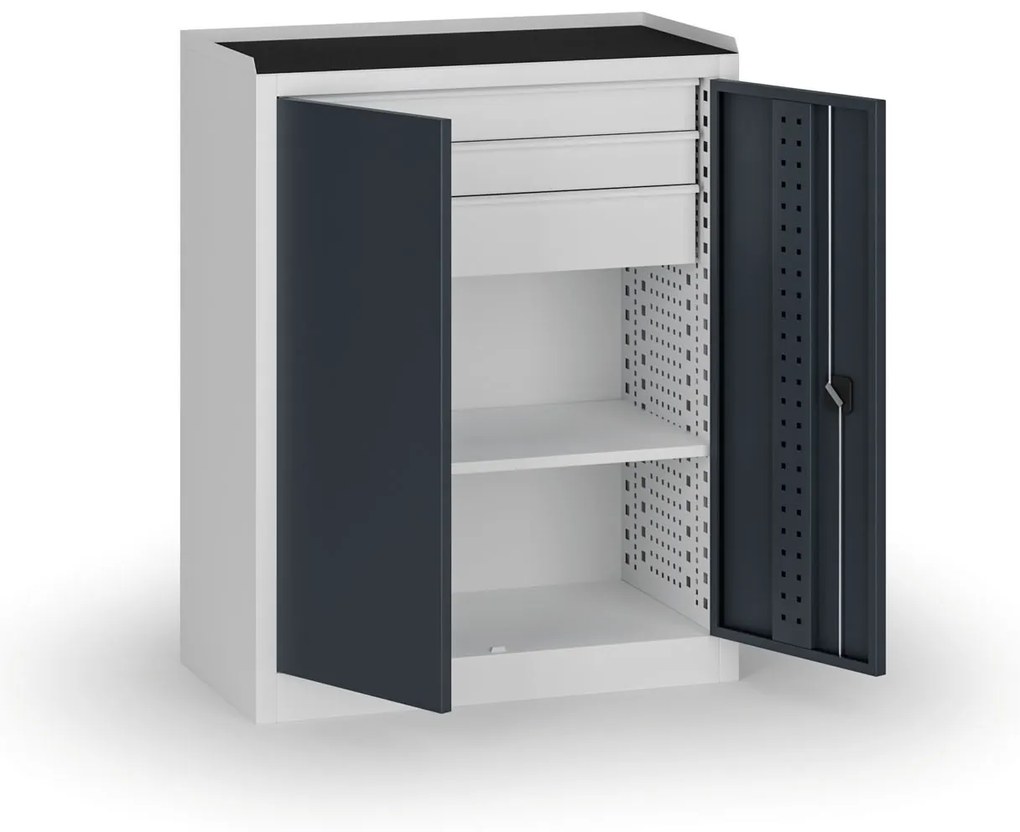 Szafa warsztatowa, 1 półka + 3 szuflady, 1180 × 950 × 500 mm, grafitowe drzwi