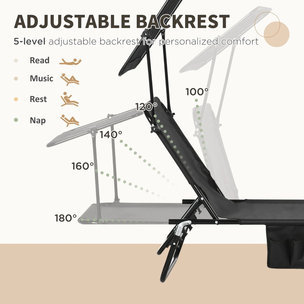 Outsunny Zestaw 2 składanych leżaków ogrodowych z daszkiem przeciwsłonecznym, 5-pozycyjnym regulowanym oparciem, czarny | Aosom PL