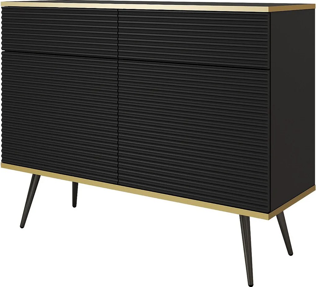 Komoda: czarna, nogi czarne, 107 x 85 x 39 cm, fronty ryflowane