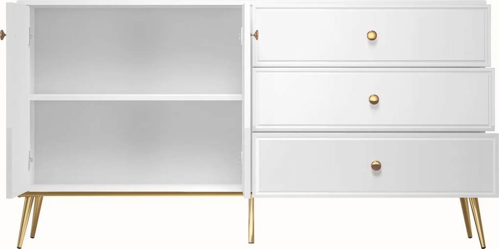 Komoda 160 cm Goldin 04, biały połysk / złoty