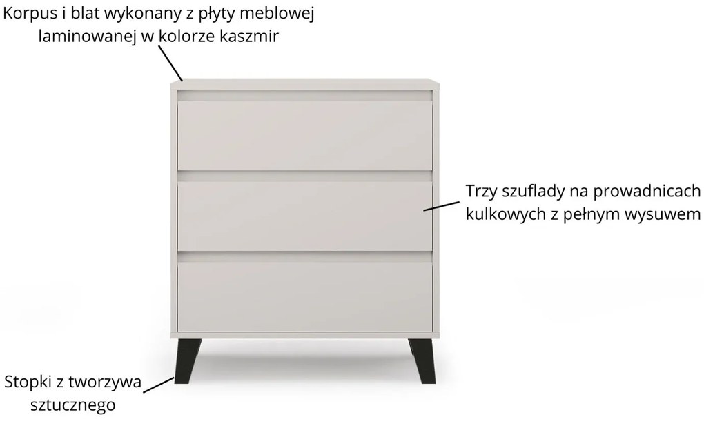 Komoda z Trzema Szufladami do Salonu BORVO 70 cm Kaszmir Nowoczesna