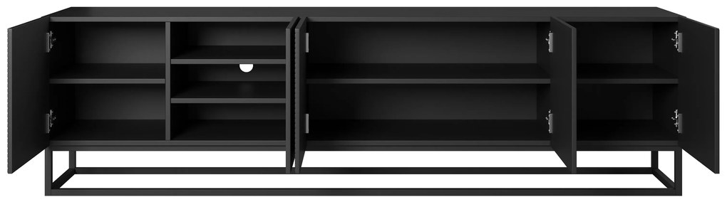 Szafka RTV Asha 200 cm z ryflowanym frontem i metalowym stelażem - czarny mat