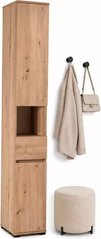 Szafa słupek Folk – wąski słupek dąb artisan, funkcjonalna szafa z półkami i szufladą