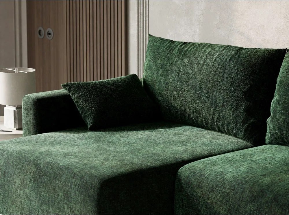 Ciemnozielony rozkładany narożnik ze schowkiem z tkaniny szenilowej (lewostronny/z szezlongiem) Leon – Maison de Rêve
