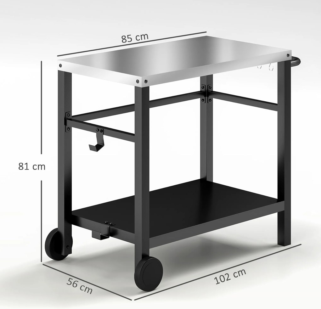 Outsunny Wózek Grillowy 2-poziomowy z Blatem, Półkami, Haczkami i Kółkami ze Stali Nierdzewnej, 102 x 56 x 81 cm | Aosom PL