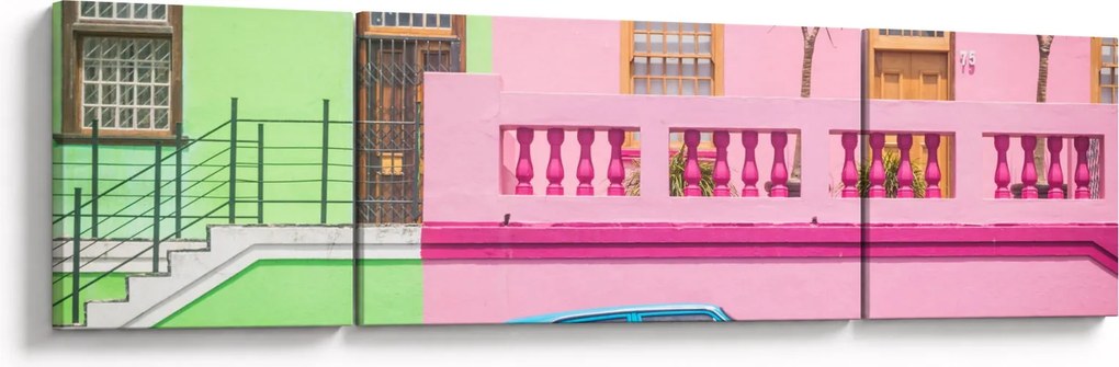 Obraz samochodu - kolorowe domy (170x50 cm)