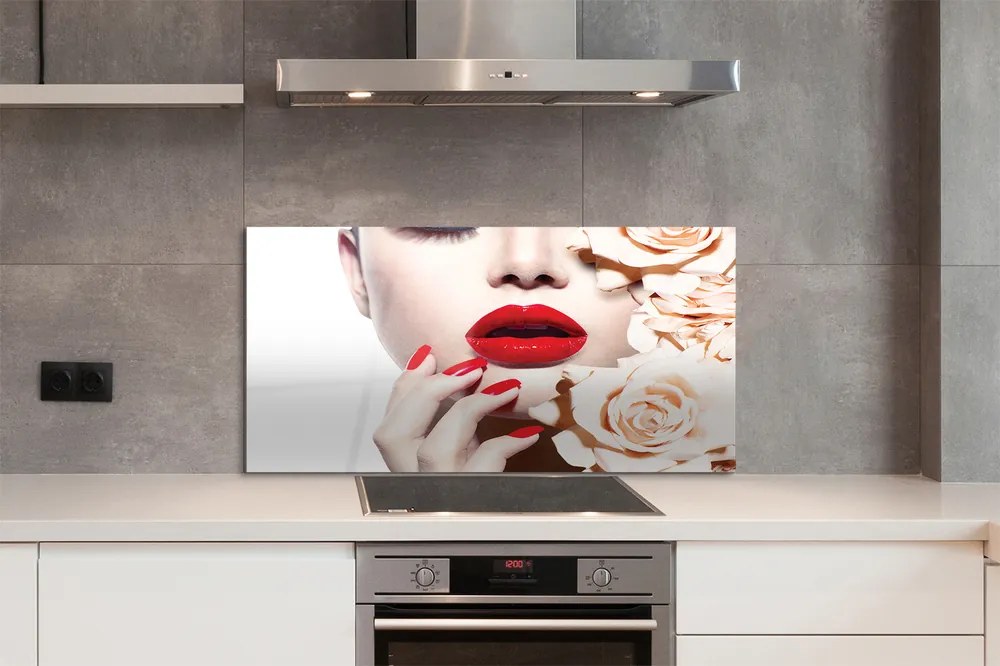Szklany Panel Róże i Czerwone Usta Kobiety