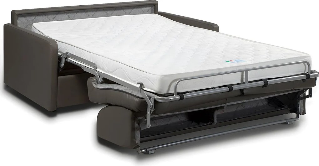 Kanapa 3-osobowa rozkładana typu express z szarej ekoskóry z siedziskiem z pianki z pamięcią kształtu - Powierzchnia spania 140 cm - Materac 14 cm CALIFE