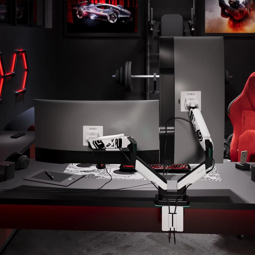 Uchwyt regulowany na 2 monitory 35 cali RGB Diablo X-Arm Dual, biało-czarny