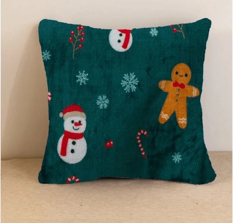 Poszewka z mikropluszu na poduszkę SNOWMAN AND GINGERBREAD 45x45 cm, zielona