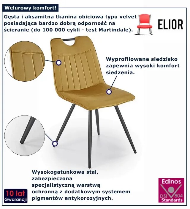 Musztardowe welurowe krzesło na czarnych nogach D1-D13
