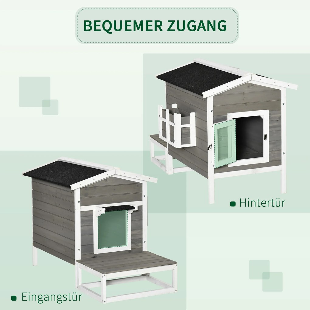 Pawhut® domek dla kotów małych zwierząt budka z tarasem i balkonem drewno jodłowe 115 x 66,5 x 74,7 cm