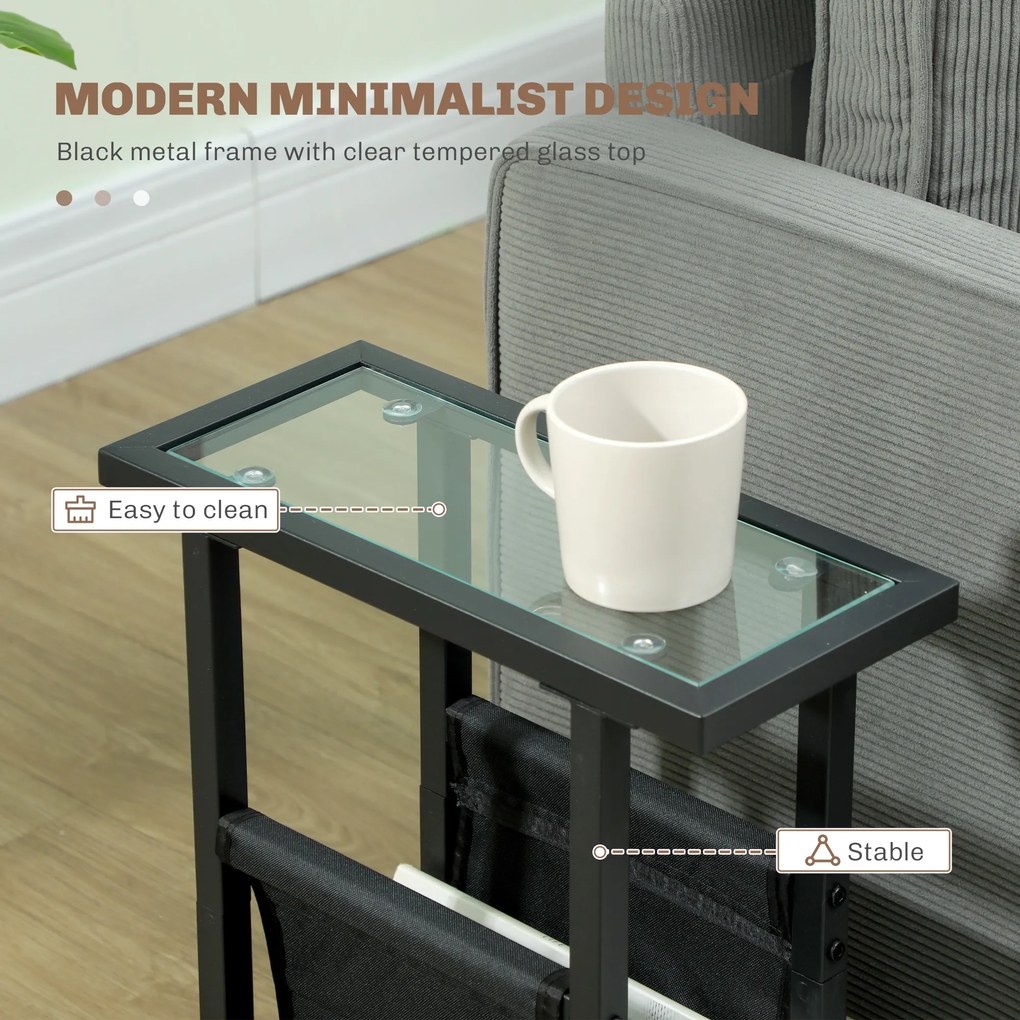 HOMCOM Metalowy stolik pomocniczy z torbą z tkaniny i blatem ze szkła, wąski stolik do salonu, sypialni, Czarny