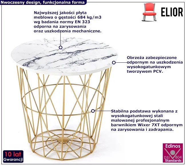 Biało - złoty druciany stolik kawowy z marmurkowym blatem - Koleno