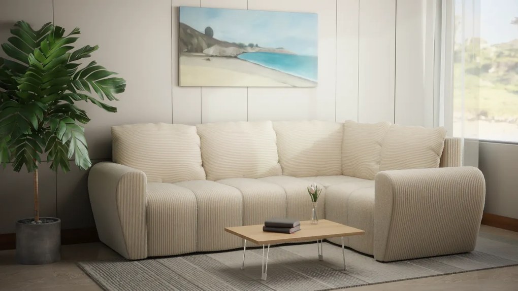 Komfortowa sofa narożna BUENO II z funkcją spania, tapicerowana w niebieskim kolorze, schowek pod siedziskiem