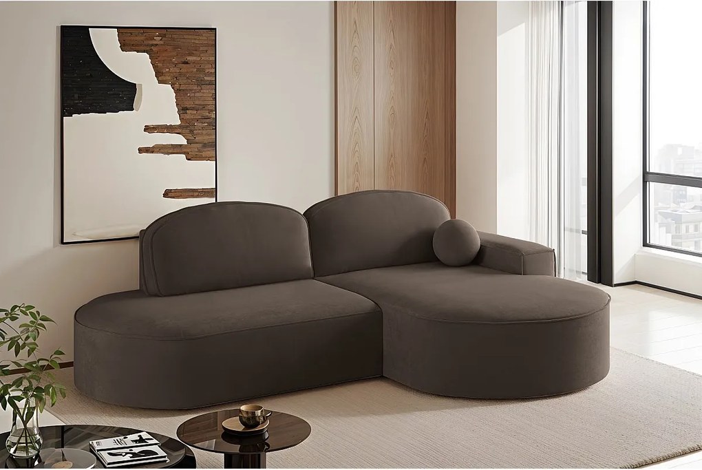 Narożnik z funkcją spania i pojemnikiem Modena Runden, tkanina Salvador, Ciemnobrązowy, Prawy