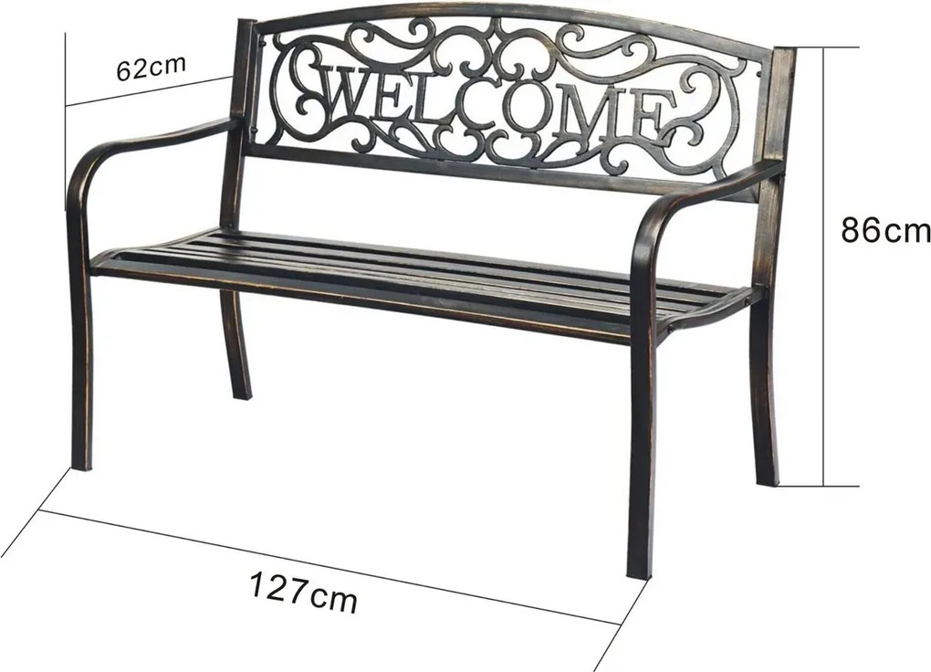Brązowa metalowa ławka ze zdobionym oparciem W9-N08