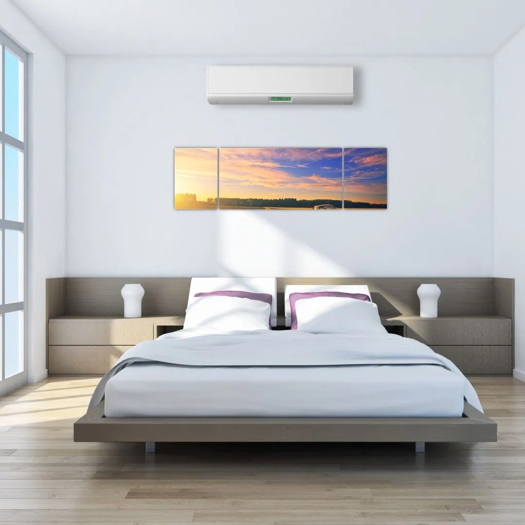 Obraz żółtego samochodu na polu (170x50 cm)