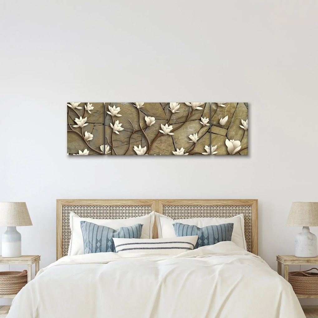 Obraz - Białe magnolie na murze kamiennym (170x50 cm)