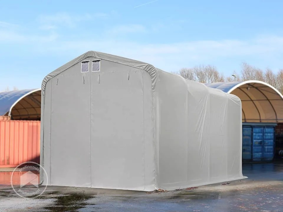 TOOLPORT 4x8m Hala namiotowa - 3,35 m wysokość ścian bocznych z 3,5x3,5m brama, PVC 850, szary, ze statyką (podłoże betonowe) - (49384)
