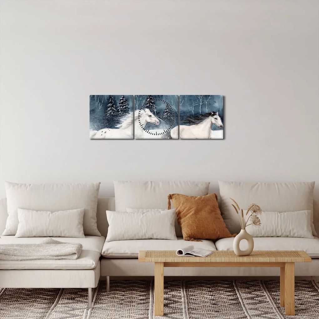 Obraz malowanych koni (z zegarem) (90x30 cm)