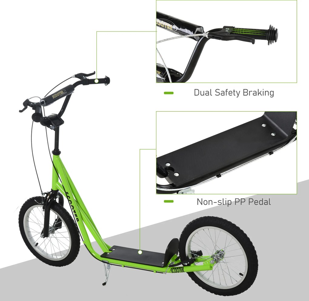 HOMCOM hulajnoga dziecięca hulajnoga miejska hulajnoga dziecięca opony pneumatyczne 16 cali zielona 139 x 58 x 90-96 cm regulowana aluminiowa