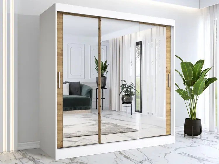 Szafa przesuwna z lustrem biały + dąb artisan 200 cm - Kukkin 6X