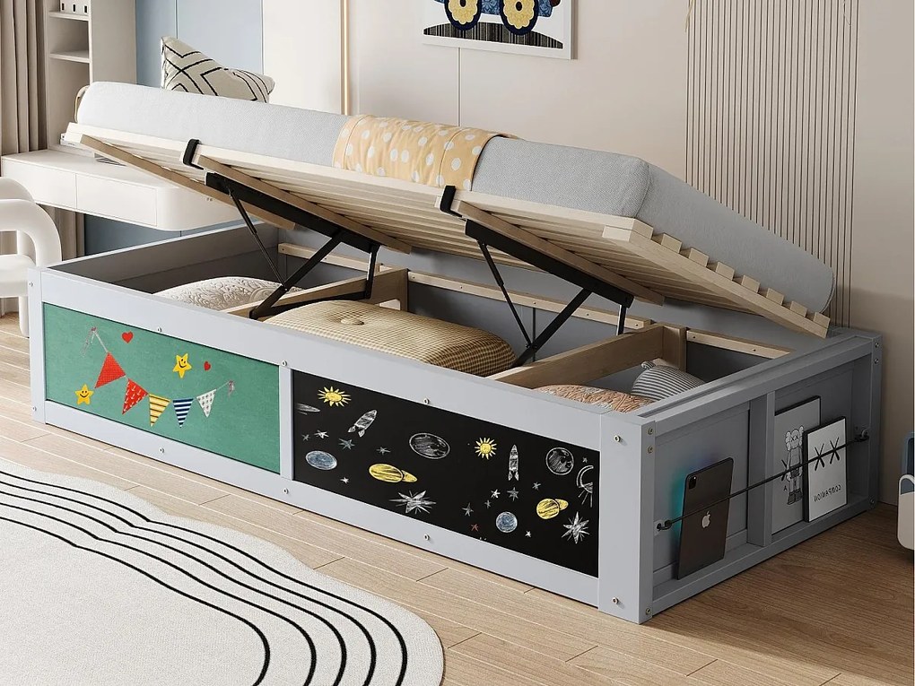 Łóżko z pojemnikiem dziecięce 90x200 cm - z tablicą do rysowania - Drewno lite + MDF - Szary​ (materac nie jest wliczony w cenę)