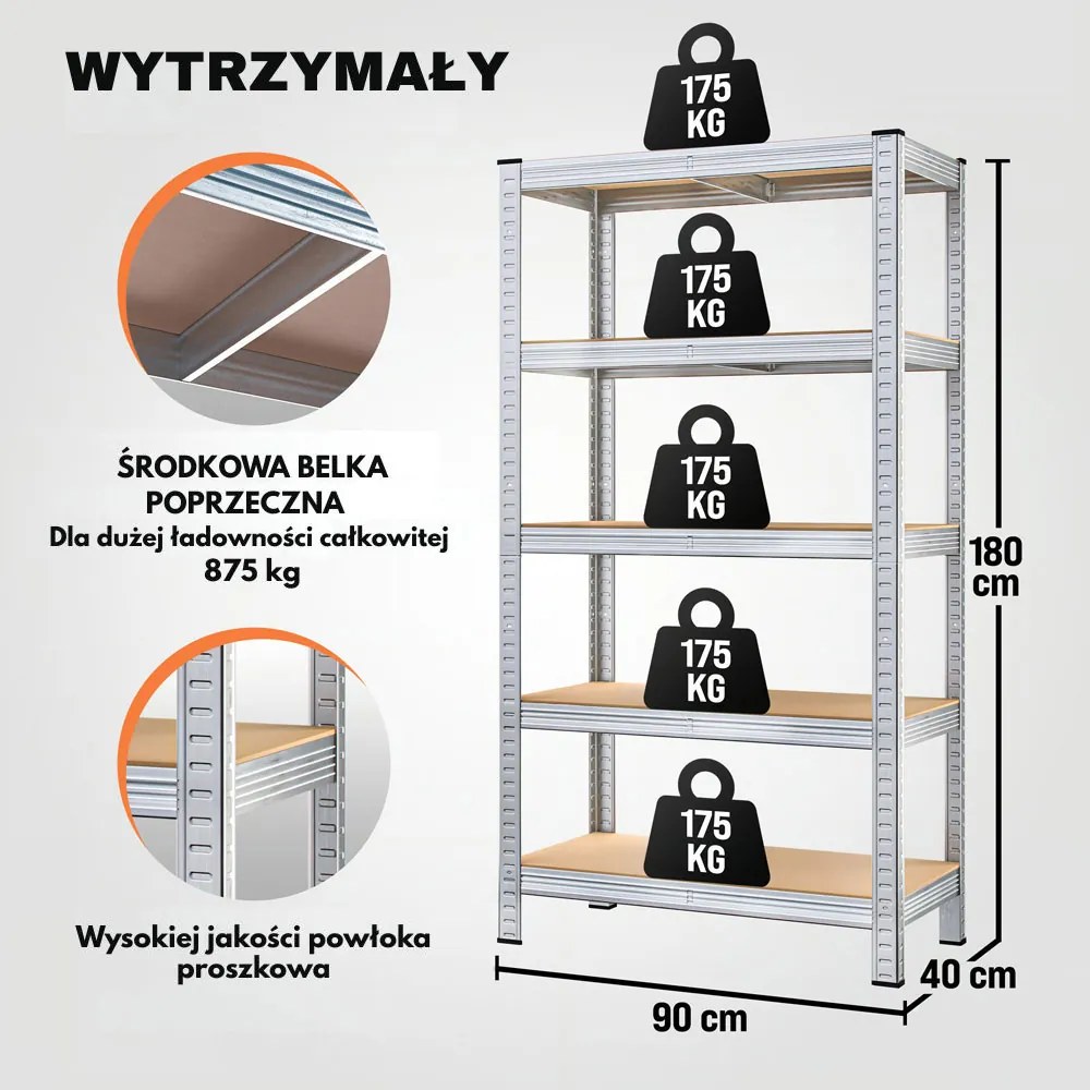 Regał o dużej nośności HEAVY, maks. 875kg, 90x40x180cm, srebrna Jurhan