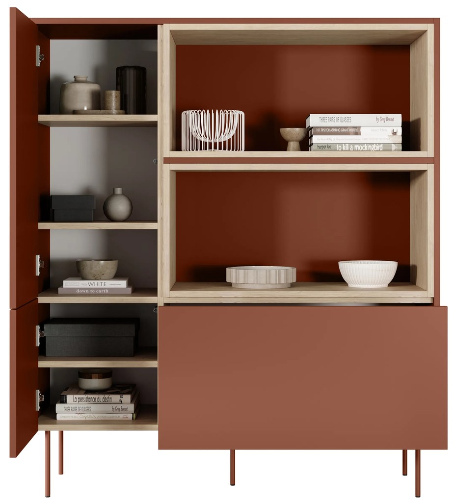 Komoda wysoka Desin 120 cm dwudrzwiowa z szufladą i wnękami - czerwony / ceramic red / dąb nagano