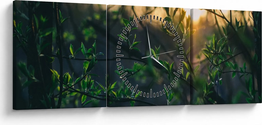 Obraz słońca przeświecającego przez gałęzie drzew (z zegarem) (90x30 cm)