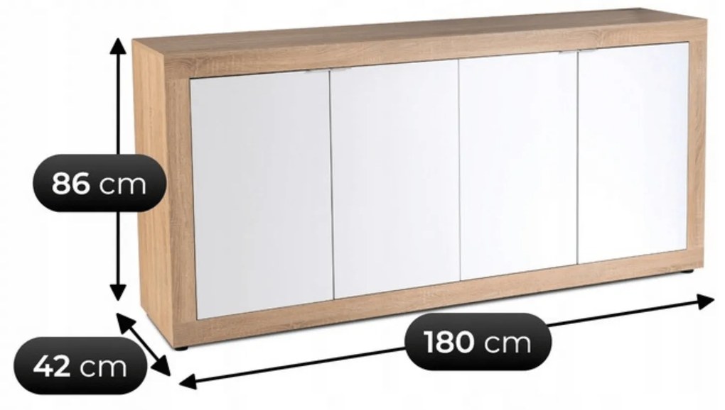 Komoda Czterodrzwiowa BLAGO 180 cm Dąb Sonoma/Biały Nowoczesna