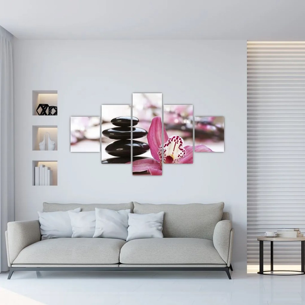 Obraz kamieni do masażu i storczyków (125x70 cm)
