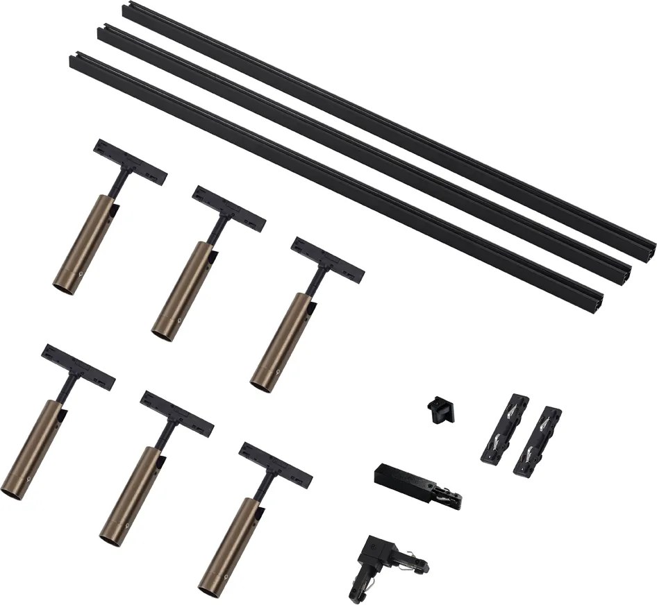 Nowoczesny system oświetlenia szynowego Slimline Uzzy z 6 ciemnobrązowymi reflektorami jednofazowymi