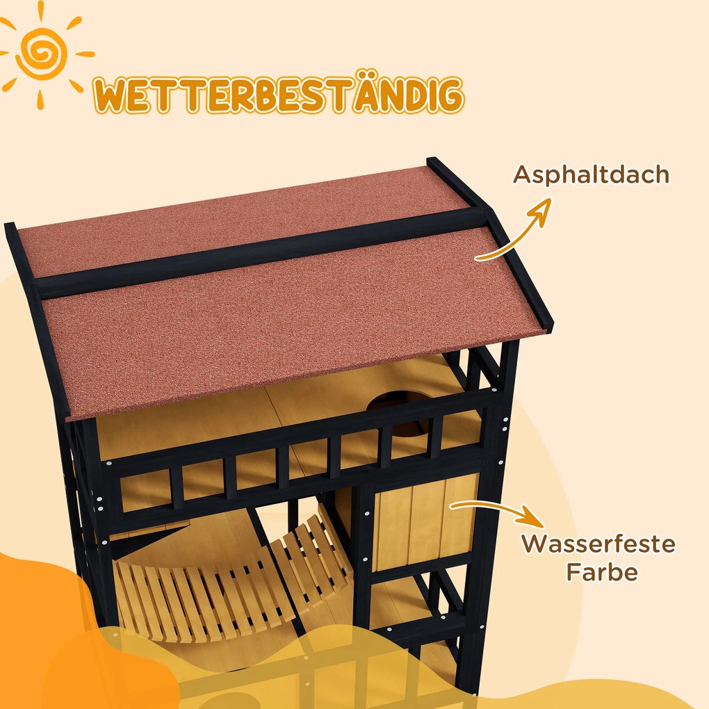 PawHut Domki dla kota, rajska zabawa z platformami, mostkiem i schowkami, dla do 2 kotów, z drewna