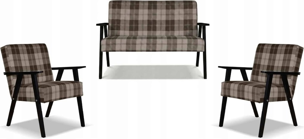 Zestaw mebli PRL retro SOLER sofa fotele Family Meble krata brązowa