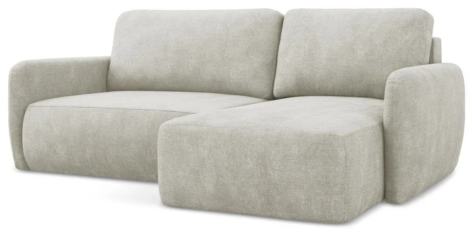 Kremowy narożnik rozkładany z tkaniny szenilowej ze schowkiem (prawostronny/z szezlongiem) Lilo – Makamii