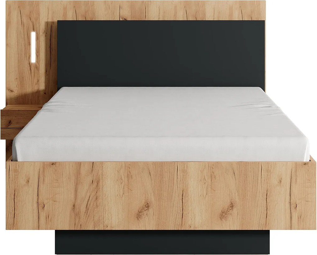 Łóżko z szafkami nocnymi 120 x 200 cm - 2 szuflady - Z oświetleniem LED - Naturalny i antracytowy + Stelaż - FRANCOLI