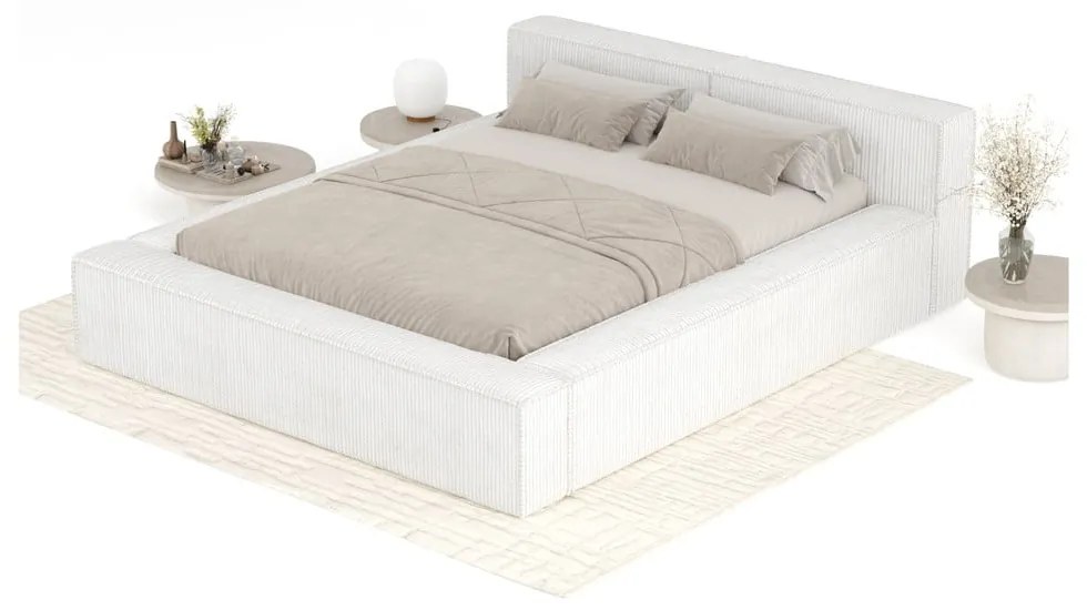 Kremowe tapicerowane łóżko dwuosobowe ze schowkiem ze stelażem 160x200 cm Voliera – Maison de Rêve